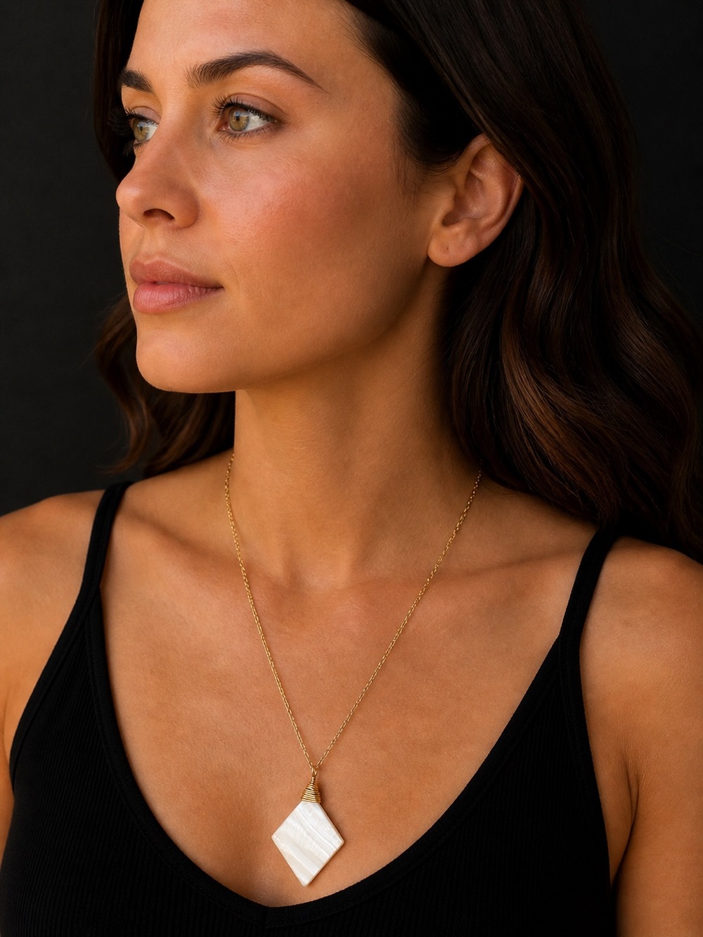 Artisan Wire Wrapped Iridescent Mother of Pearl Diamond-Shaped Pendant Necklace